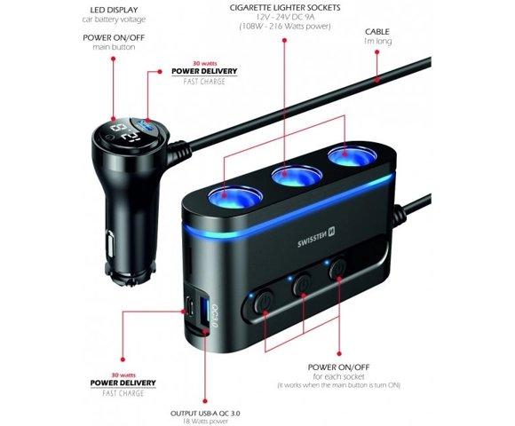 Swissten Triple Cigarette Lighter Splitter - slika 3