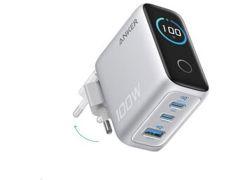 Anker Charger (100W, 3 Ports, Smart Display) Silver