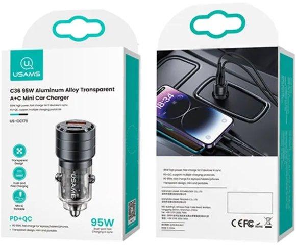 USAMS 95W USB-A + USB-C Black Auto punjač - slika 9