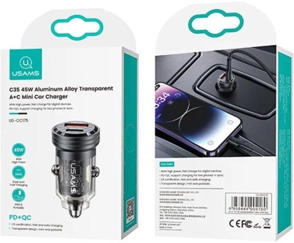USAMS 45W USB-A + USB-C Black auto punjač - slika 4